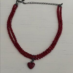 1928 Red Beaded Choker Necklace with Heart Charm